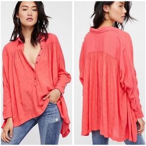 Free People Lovely Day Coral Pink Long Sleeve 1/2 Button Oversized Top Sz Small